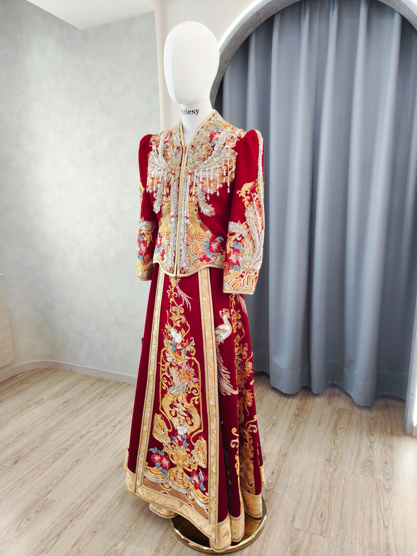 龍鳳褂,秀禾服,酒紅色絨布中式禮服,文定禮服,立領對襟襖,ARIESY婚紗,婚禮中式禮服,中式嫁衣